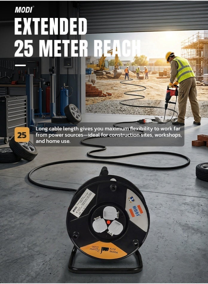 MODI Heavy Duty Cable Reel, 25m Extension Reel with 3 x 13A Universal Sockets, 2 x 1.5mm² Cable, Safety Shutters, Thermal Cut-Off, Master Switch, Winding Handle and UK Plug - Image 4