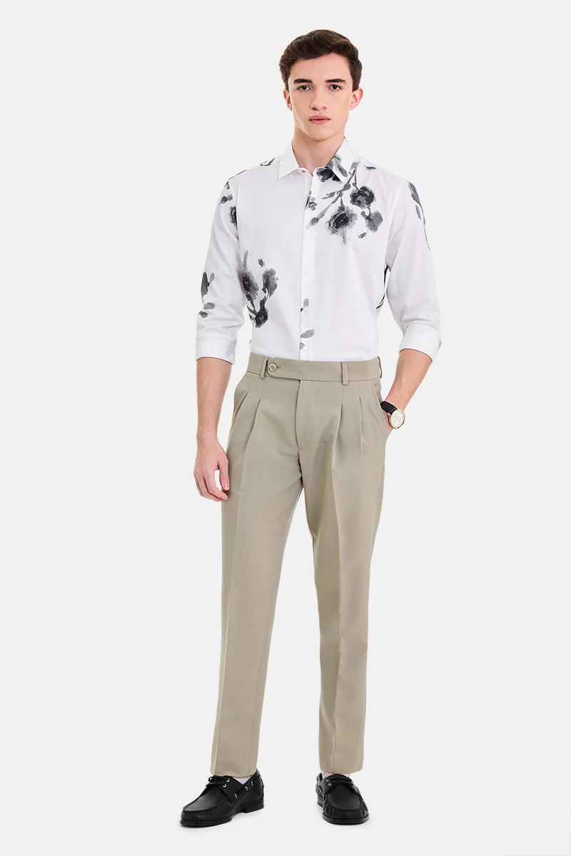 سنيتش White Floral Long Sleeve Slim Fit Casual Shirt