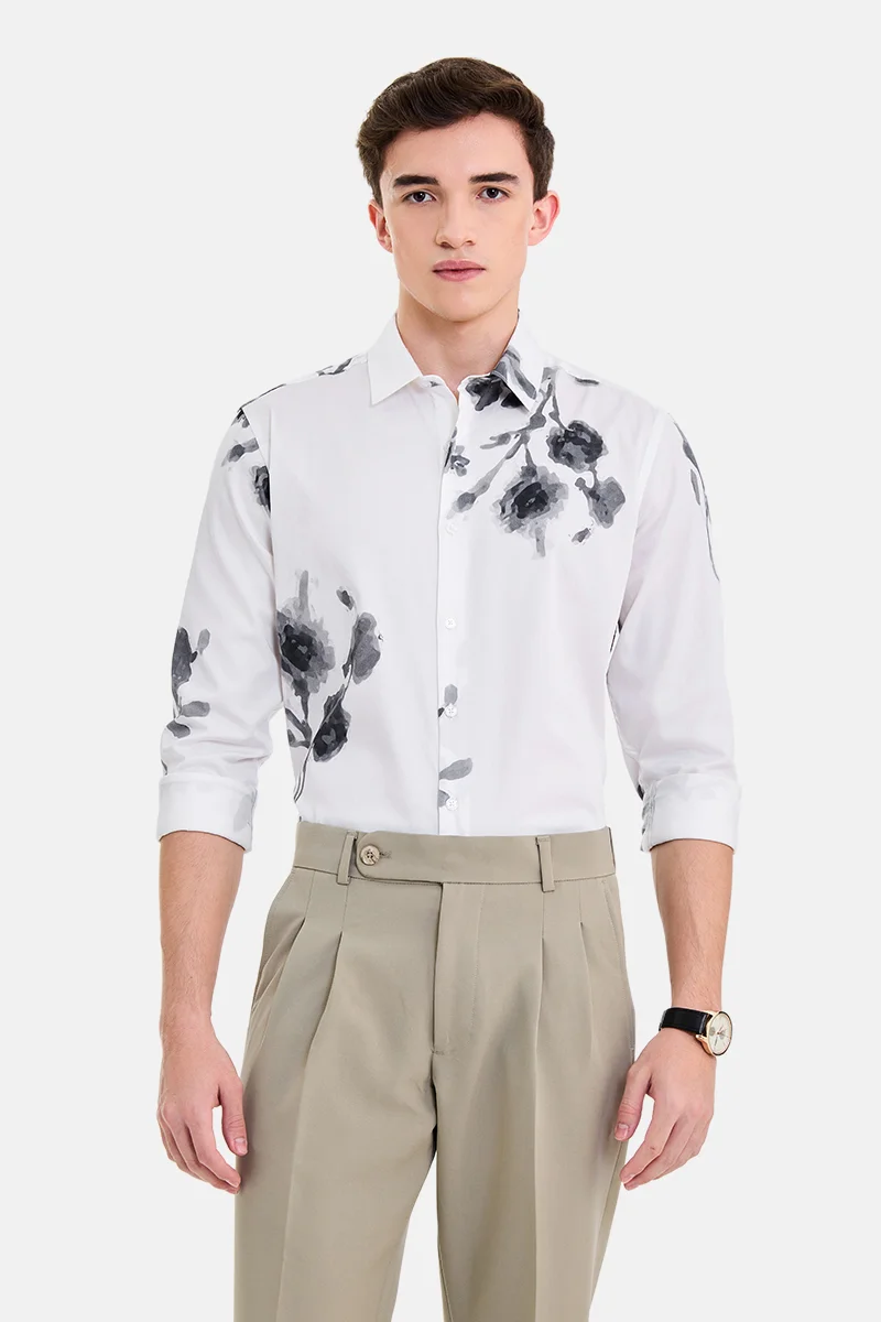 سنيتش White Floral Long Sleeve Slim Fit Casual Shirt