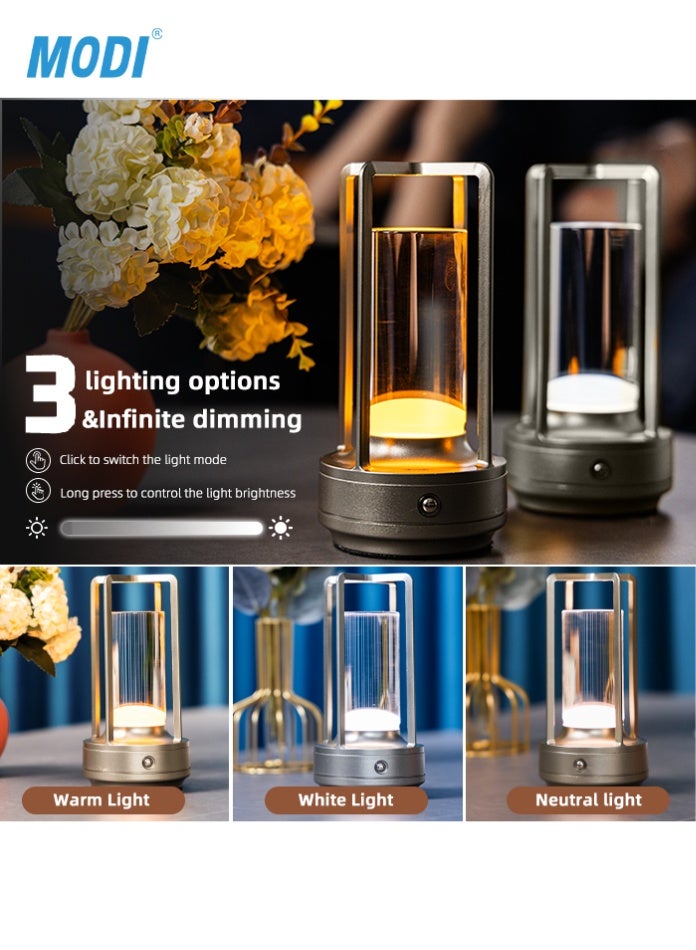 مودي مصباح طاولة LED مع تحكم باللمس، 3 وات، بطارية قابلة لإعادة الشحن 2000 مللي أمبير/ساعة، سطوع قابل للتعديل، تصميم عصري من الألومنيوم، فضي - Image 2