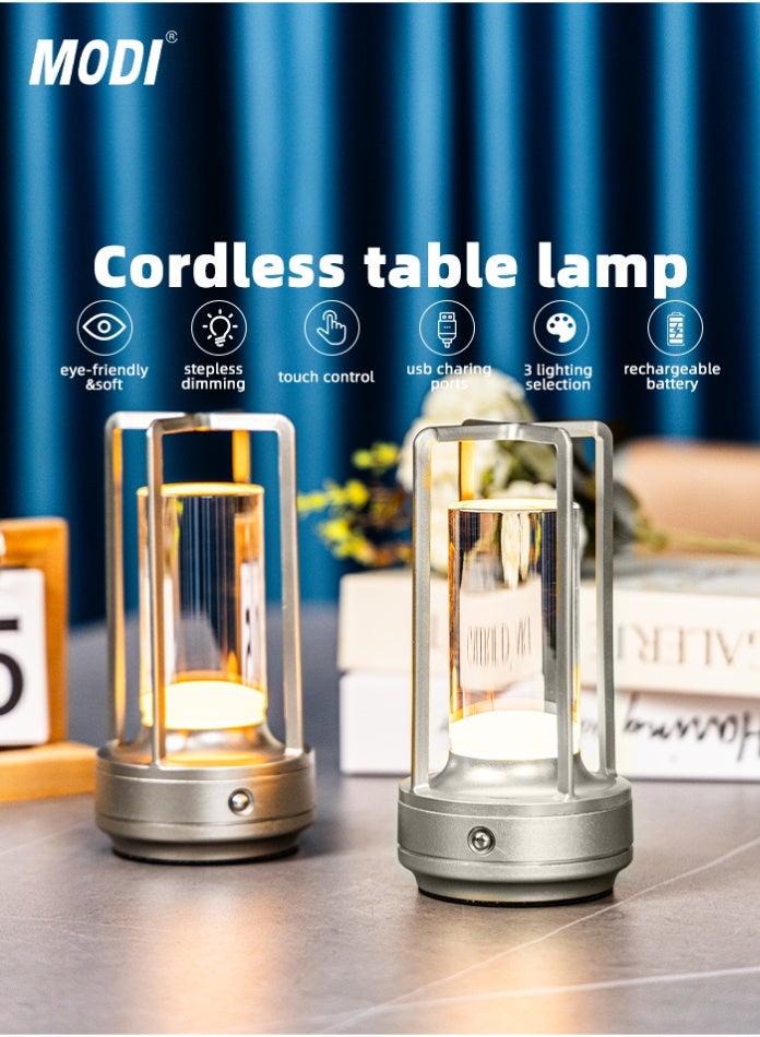 مودي مصباح طاولة LED مع تحكم باللمس، 3 وات، بطارية قابلة لإعادة الشحن 2000 مللي أمبير/ساعة، سطوع قابل للتعديل، تصميم عصري من الألومنيوم، فضي - Image 4