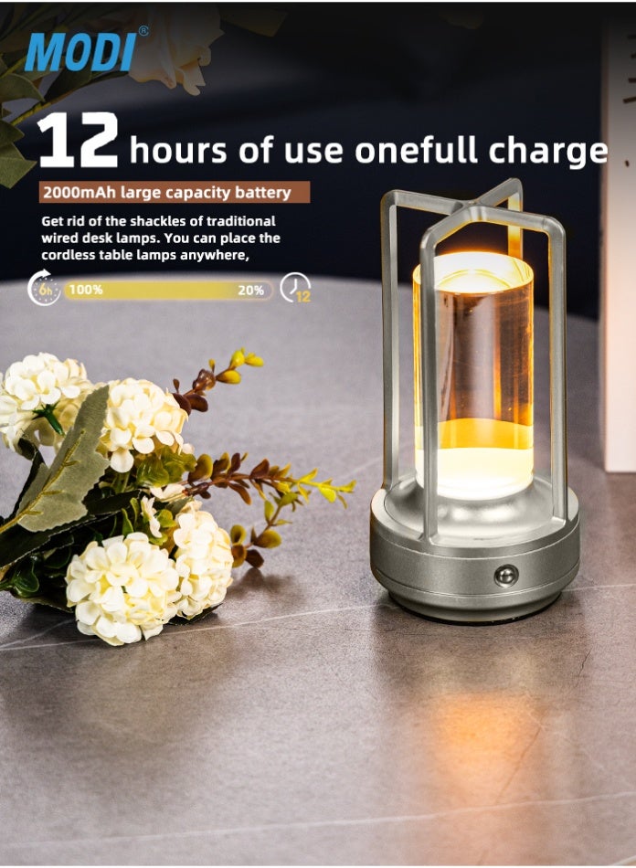 مودي مصباح طاولة LED مع تحكم باللمس، 3 وات، بطارية قابلة لإعادة الشحن 2000 مللي أمبير/ساعة، سطوع قابل للتعديل، تصميم عصري من الألومنيوم، فضي - Image 3