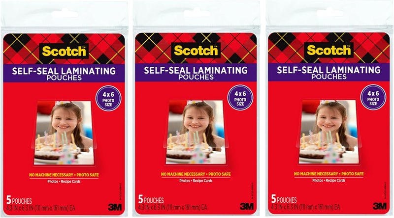 Scotch  Self-Sealing Laminating Pouches, 4 x 6 Inches, 3-Pack of 5 Pouches – No Machine Needed, Clear, Photo Safe - Image 1
