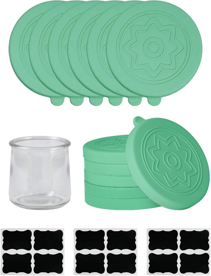 TERESRY 12 Pack Silicone Oui Yogurt Jar Lids with 8 Labels, Food-Grade Lids for 5Oz Oui Yogurt Jars, Reusable Silicone Canning Covers Perfect for Oui Yogurt Bottle, Turquoise(Jar not Includ) - Image 1