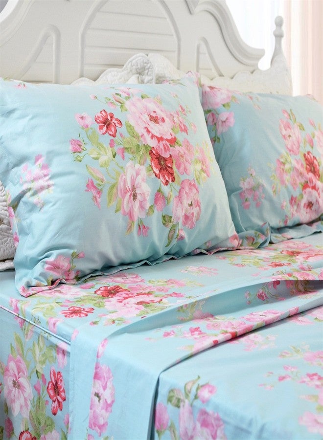 FADFAY Shabby Pink Floral 4 Piece Bed Sheet Set 100% Cotton Deep Pocket-Queen - Image 2