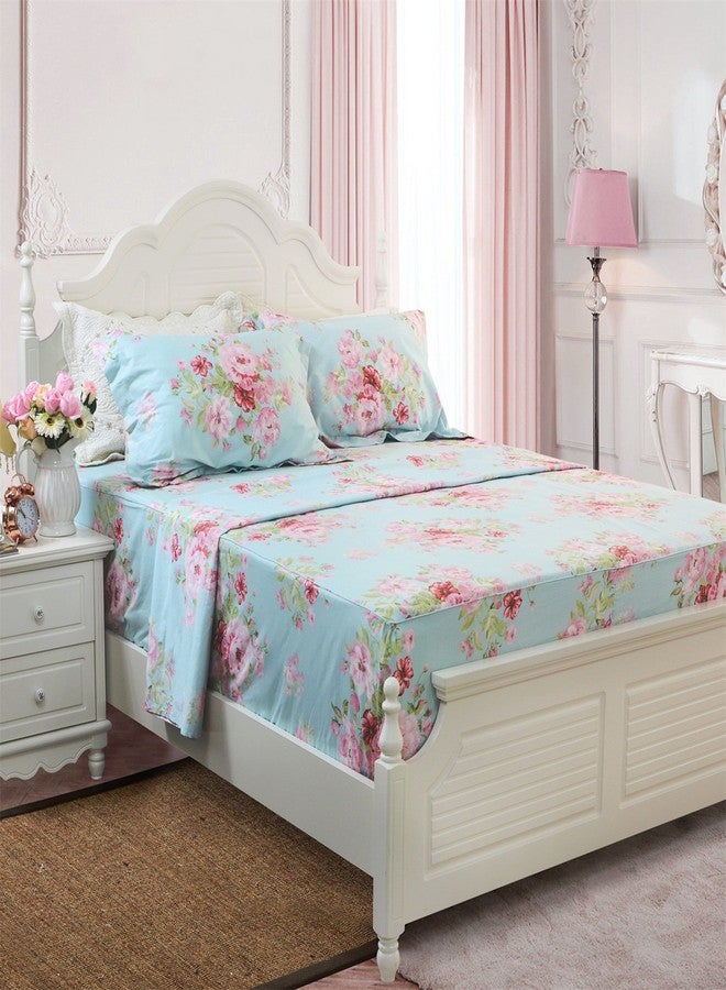 FADFAY Shabby Pink Floral 4 Piece Bed Sheet Set 100% Cotton Deep Pocket-Queen - Image 3