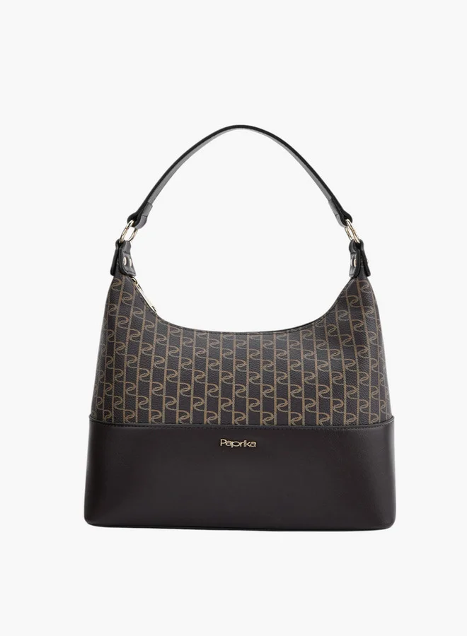 Paprika Monogram Print Shoulder Bag with Detachable Strap and Zip Closure