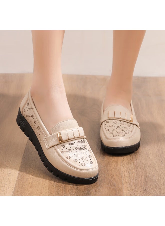 Pull Back Warrior Mom Shoes Middle-aged Sandals Summer Soft-soled Elderly Women's Leather Shoes Single Shoes Anti-slip 50-60 Years Old 0062 Beige 34 - Image 3