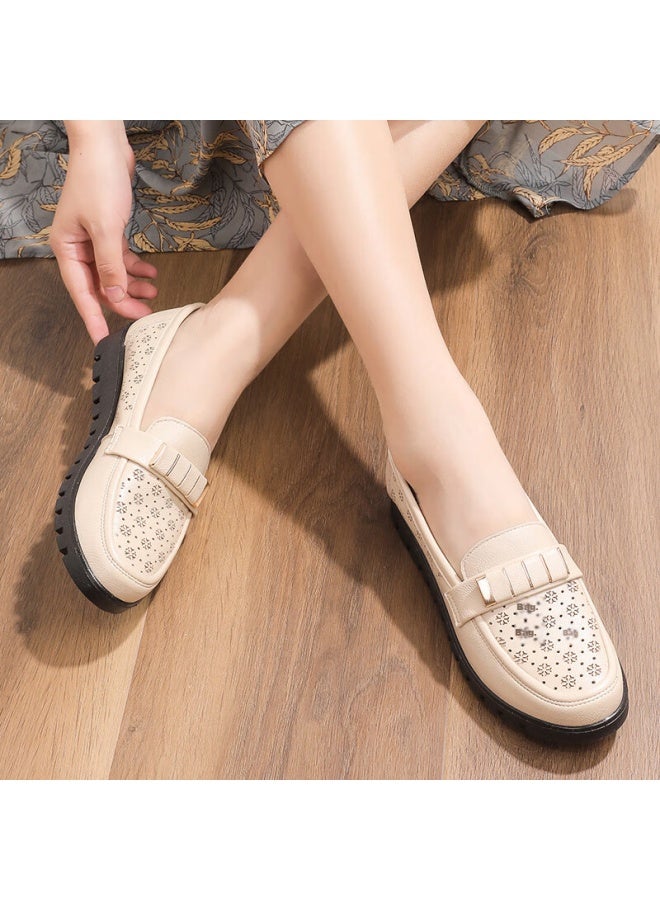 Pull Back Warrior Mom Shoes Middle-aged Sandals Summer Soft-soled Elderly Women's Leather Shoes Single Shoes Anti-slip 50-60 Years Old 0062 Beige 34 - Image 2
