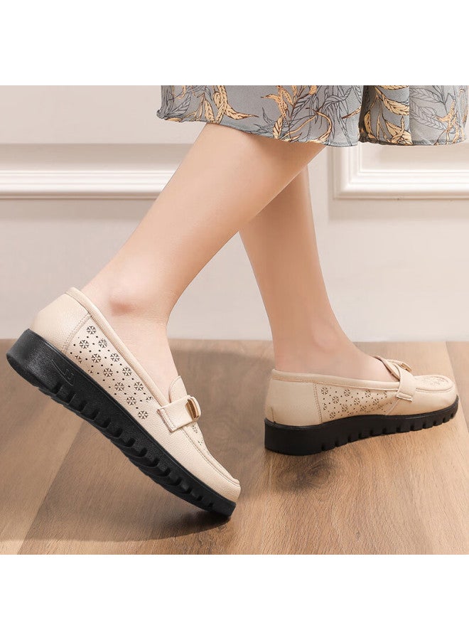 Pull Back Warrior Mom Shoes Middle-aged Sandals Summer Soft-soled Elderly Women's Leather Shoes Single Shoes Anti-slip 50-60 Years Old 0062 Beige 34 - Image 4