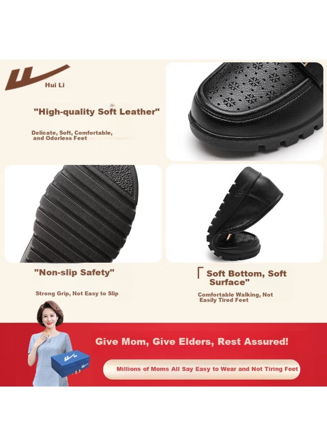 Pull Back Warrior Mom Shoes Middle-aged Sandals Summer Soft-soled Elderly Women's Leather Shoes Single Shoes Anti-slip 50-60 Years Old 0062 Beige 34 - Image 1