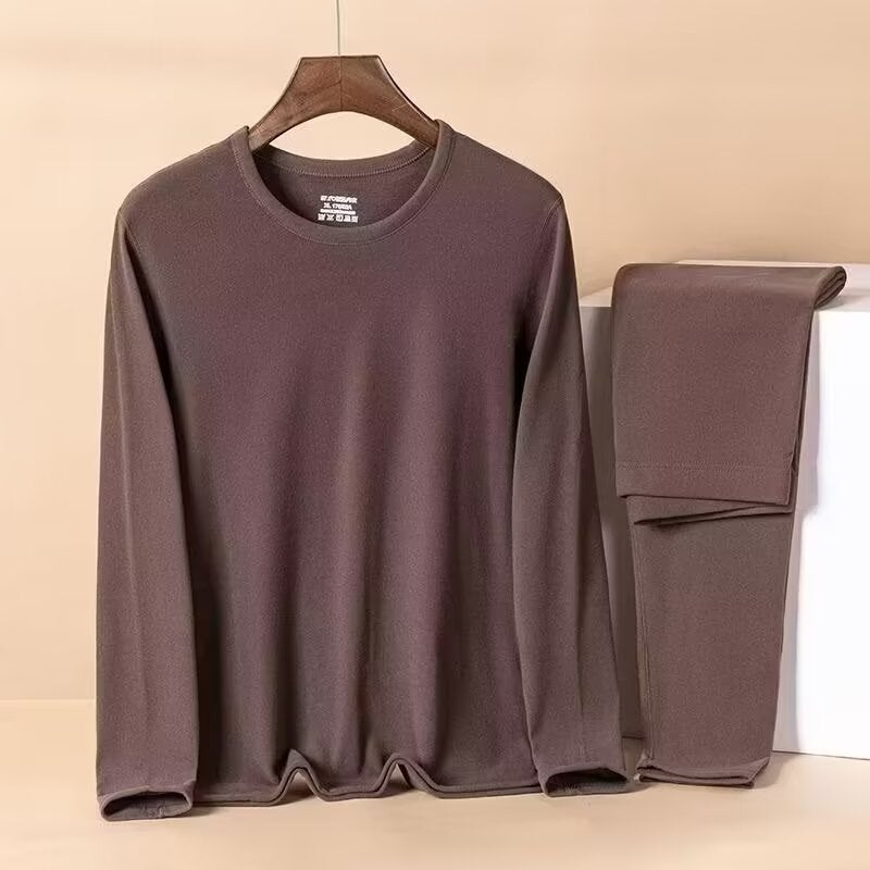 German velvet thermal underwear mens crew neck long sleeve thickened fleece-lined solid color autumn clothes long pants suit bottoming shirt pants mens Black - Image 2