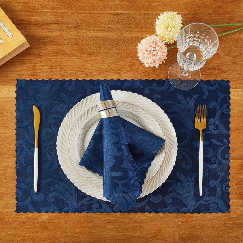 HommxJF 4 Pieces Wave Scroll Damask Jacquard Deep Sea Blue Placemats13 x 19 inch Protect Surface Heat and Stain Resistant Dinner Mats