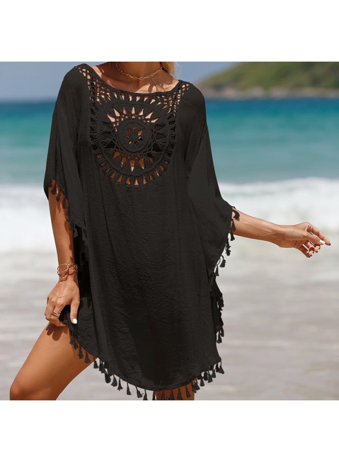 إسكدنيا بلوزة شاطئ مجوفة بشراشيب ملابس سباحة بي أوروبية وأمريكية للشاطئ قميص واقي من الشمس للنساء - اللون: أسود - - Image 1