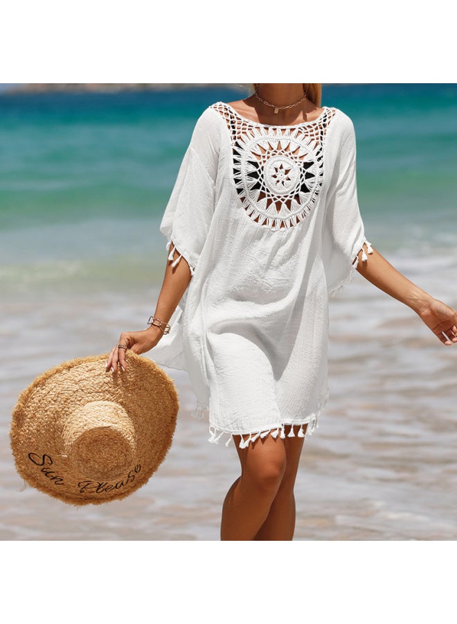 إسكدنيا بلوزة شاطئ مجوفة بشراشيب ملابس سباحة بي أوروبية وأمريكية للشاطئ قميص واقي من الشمس للنساء - اللون: أسود - - Image 4