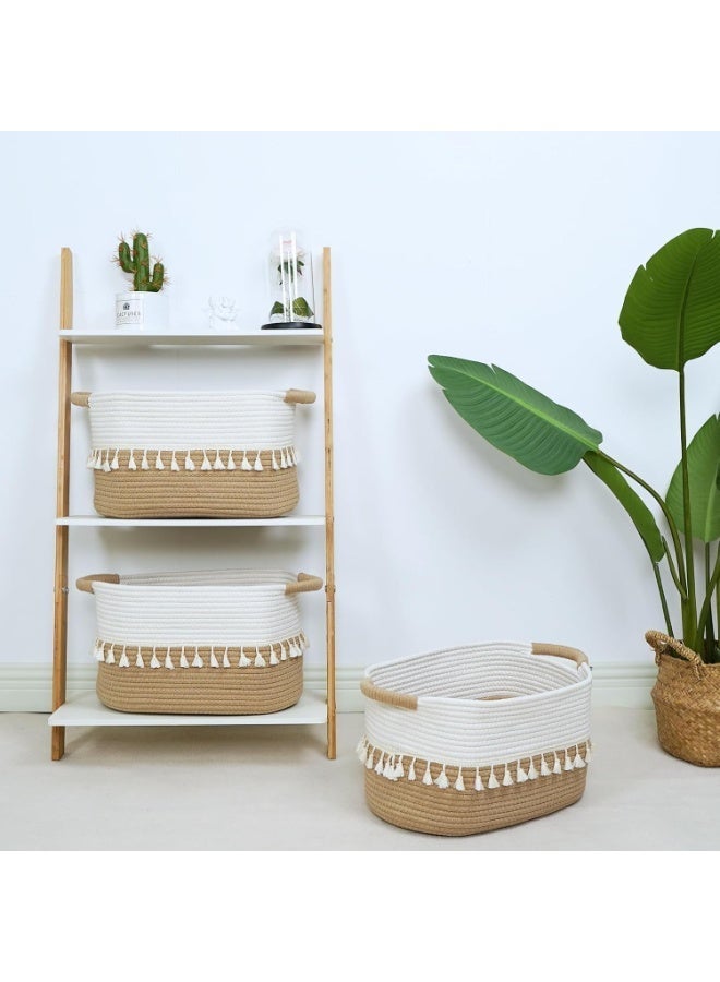Bukela 3 Pack Woven Basket, Cotton Rope Basket for Storage, Clothes Boho Basket Bin for Organizing, Fabric Basket for Books, Plants, Pet Treats, White & Jute - Image 4