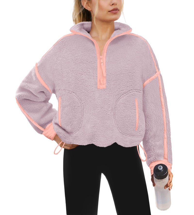 Yanekop Half Zip Pullover Women Oversized Fleece Jacket Sherpa Sweatshirt Fall Winter Cozy Sweaters with Pockets(Light Pink Purple,S)