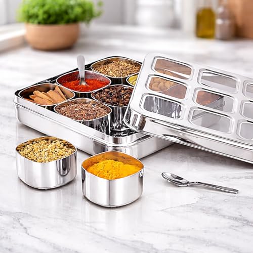 STEEPLE ® 9 In 1 Square Stainless Steel Spice Box|Organiser with 9 Compartment|Popula Dabba|Square Masala Dani for Kitchen|Rust Resistant See-Through Lid with Unbreakable Acrylic Sheet,Design,Silver - Image 1