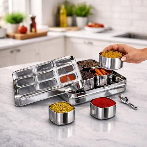 STEEPLE ® 9 In 1 Square Stainless Steel Spice Box|Organiser with 9 Compartment|Popula Dabba|Square Masala Dani for Kitchen|Rust Resistant See-Through Lid with Unbreakable Acrylic Sheet,Design,Silver - Image 4
