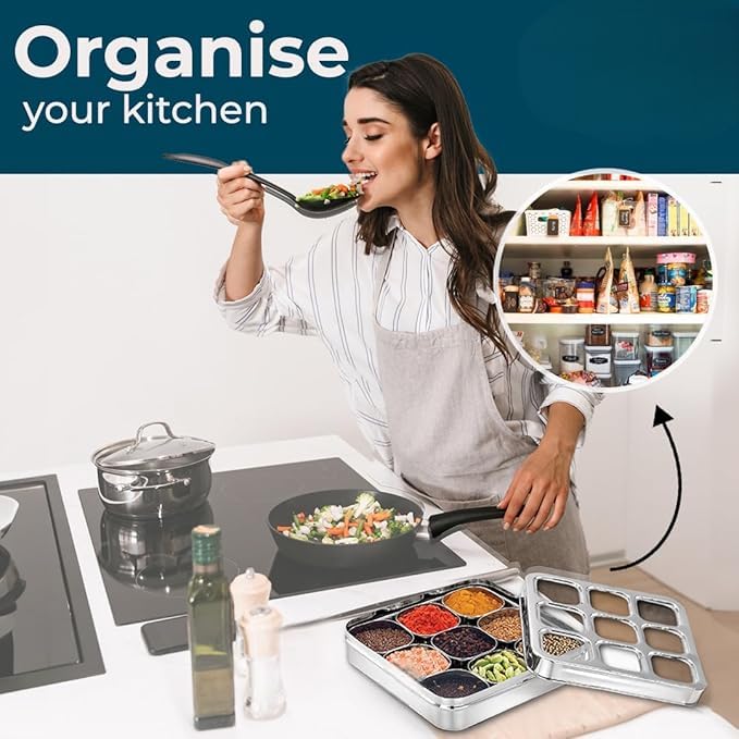 STEEPLE ® 9 In 1 Square Stainless Steel Spice Box|Organiser with 9 Compartment|Popula Dabba|Square Masala Dani for Kitchen|Rust Resistant See-Through Lid with Unbreakable Acrylic Sheet,Design,Silver - Image 3
