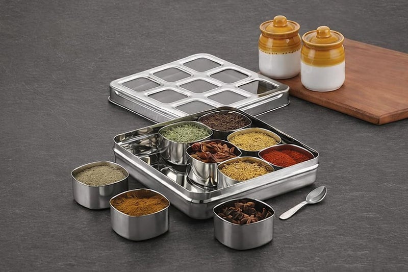 STEEPLE ® 9 In 1 Square Stainless Steel Spice Box|Organiser with 9 Compartment|Popula Dabba|Square Masala Dani for Kitchen|Rust Resistant See-Through Lid with Unbreakable Acrylic Sheet,Design,Silver - Image 5