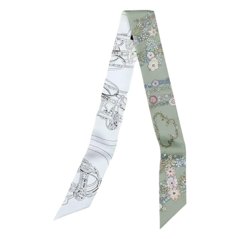 COtheSumay Mulberry Silk Scarf for Handbags & Purses, 2''x35'' Hair Ribbon Skinny Neck Scarves for Wome (Horse reins + Flower: Light blue) - Image 1