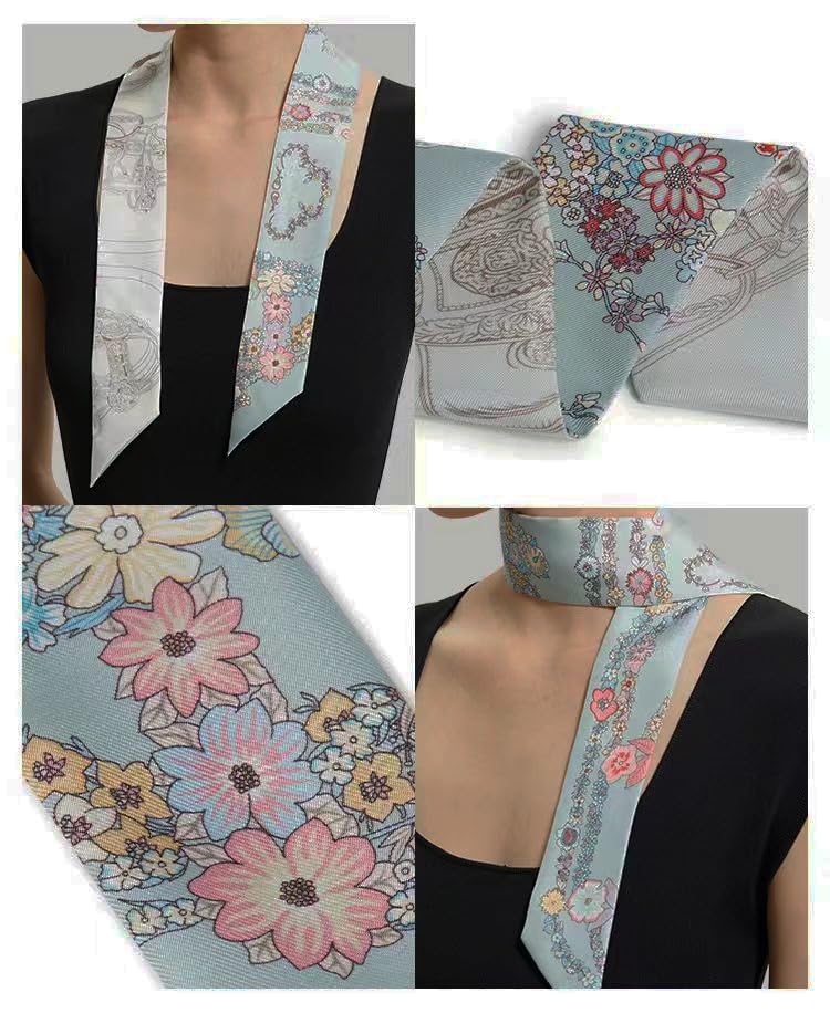 COtheSumay Mulberry Silk Scarf for Handbags & Purses, 2''x35'' Hair Ribbon Skinny Neck Scarves for Wome (Horse reins + Flower: Light blue) - Image 2
