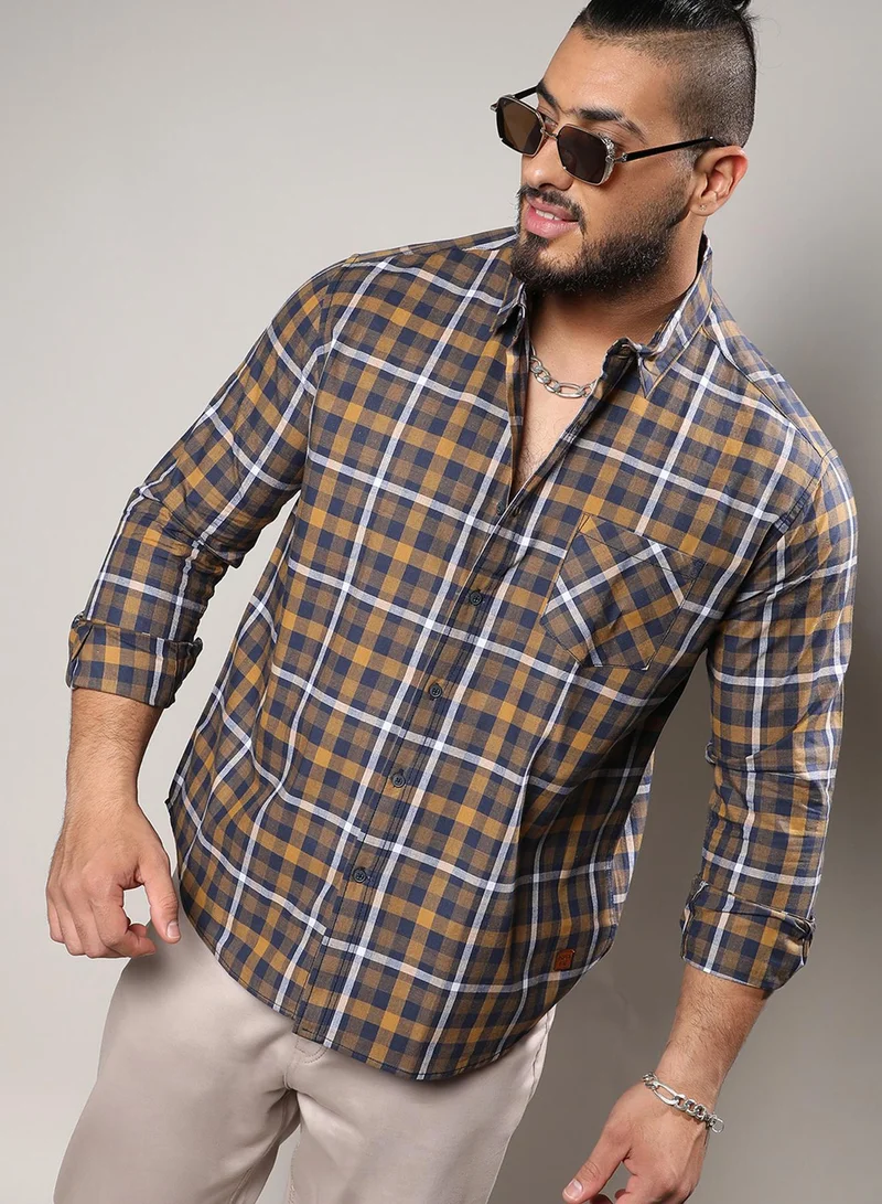 Instafab Plus Instafab Plus Men's Cobalt Blue & Mustard Yellow Tartan Plaid Shirt For Casual Wear | Spread Collar | Long Sleeve | Button Closure | Shirt Crafted With Comfort Fit For Everyday Wear