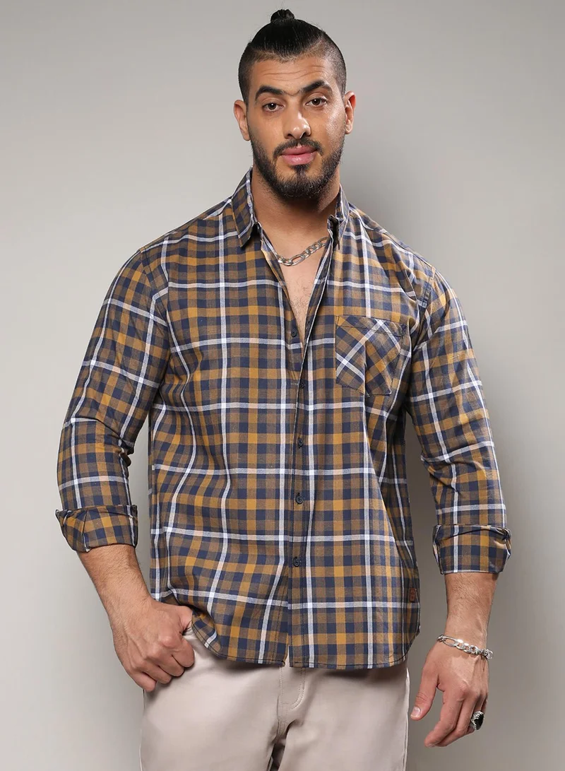 Instafab Plus Instafab Plus Men's Cobalt Blue & Mustard Yellow Tartan Plaid Shirt For Casual Wear | Spread Collar | Long Sleeve | Button Closure | Shirt Crafted With Comfort Fit For Everyday Wear