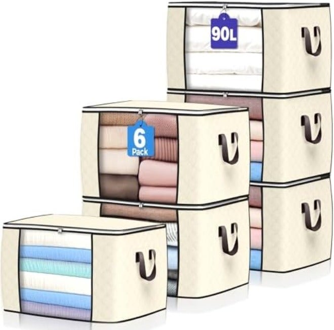 90 L Large Storage Bags, 6 Pack Clothes Storage Bins Foldable Closet Organizers Storage Containers with Reinforced Handle for Clothing, Blanket, Comforters, Bed Sheets, Pillows and Toys  (Gray)