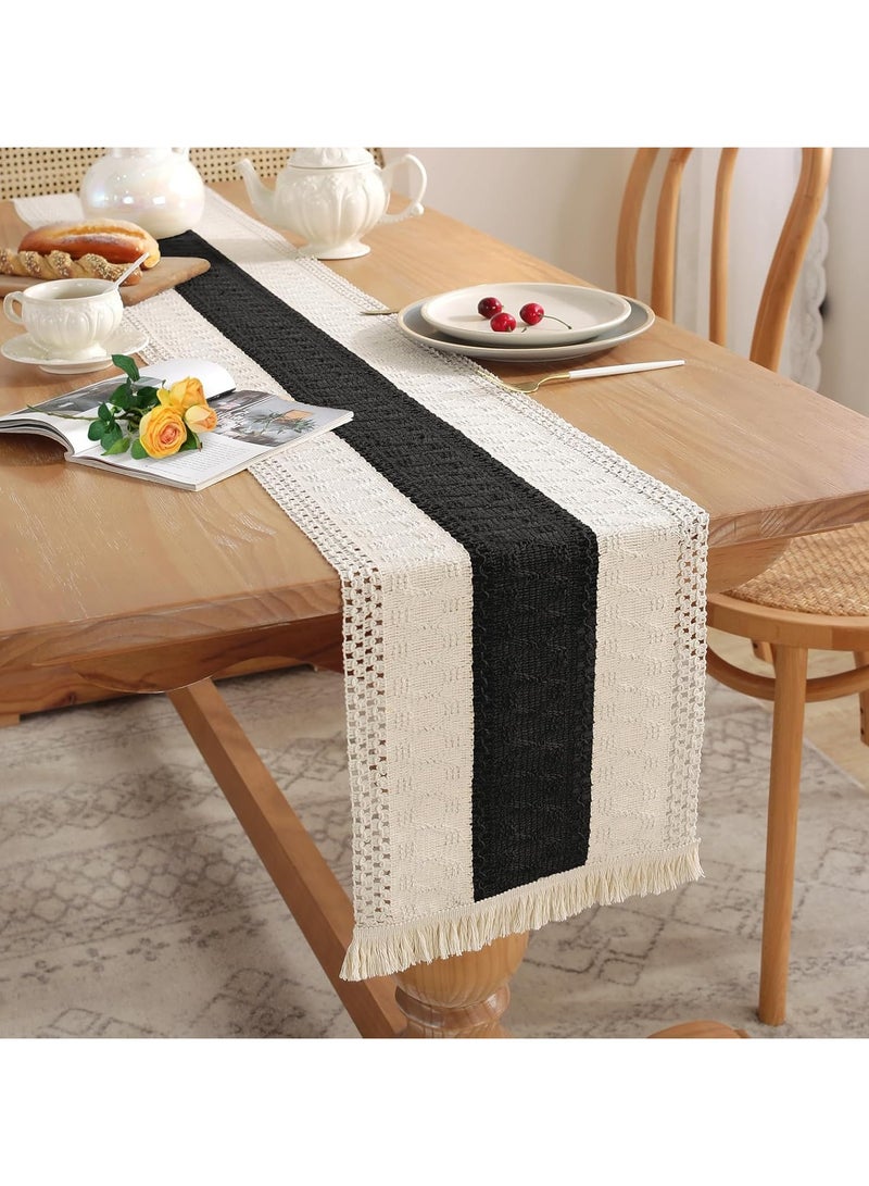 ماسكابوني مفرش طاولة اسود بتصميم بوهو مع شراشيب مقاس 180 × 30 سم، مفرش طاولة منسوج من قماش الجبن لتزيين النمط البوهيمي، ديكور طاولة الطعام المنزلي اليومي وحفلات الزفاف (اسود، 180 × 30 سم) - Image 1