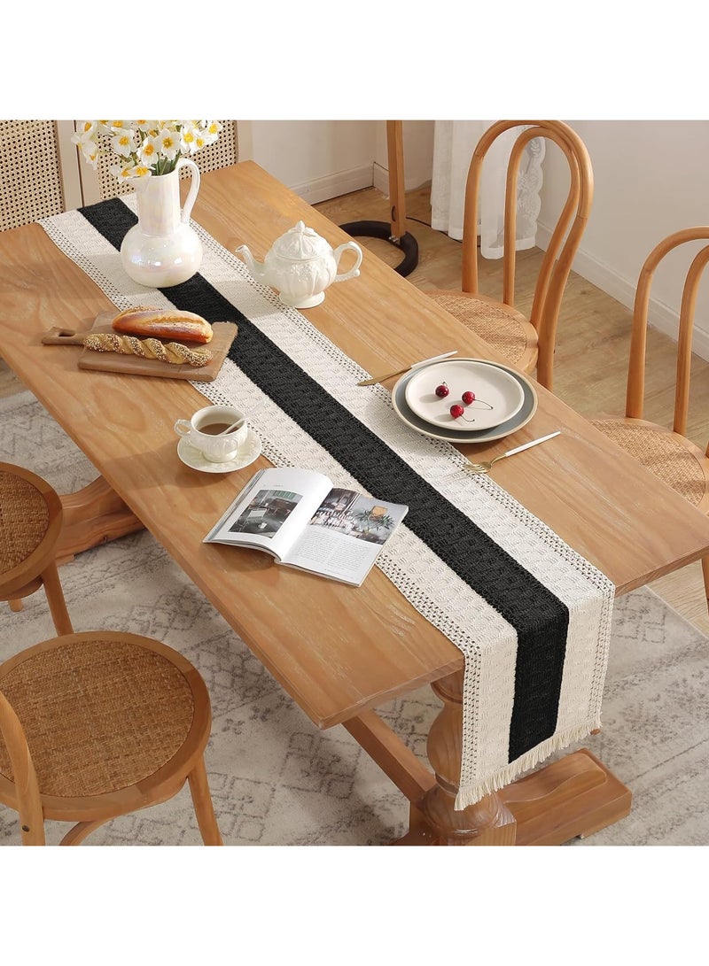 ماسكابوني مفرش طاولة اسود بتصميم بوهو مع شراشيب مقاس 180 × 30 سم، مفرش طاولة منسوج من قماش الجبن لتزيين النمط البوهيمي، ديكور طاولة الطعام المنزلي اليومي وحفلات الزفاف (اسود، 180 × 30 سم) - Image 5