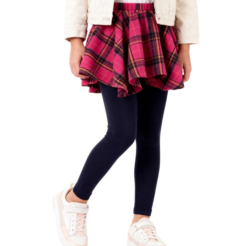 WELAKEN Girls Plaid Skirted Leggings - Kids Tartan Skirt with Stretch Leggings and Elastic Waistband, Pink, 6-7 Years - Image 1