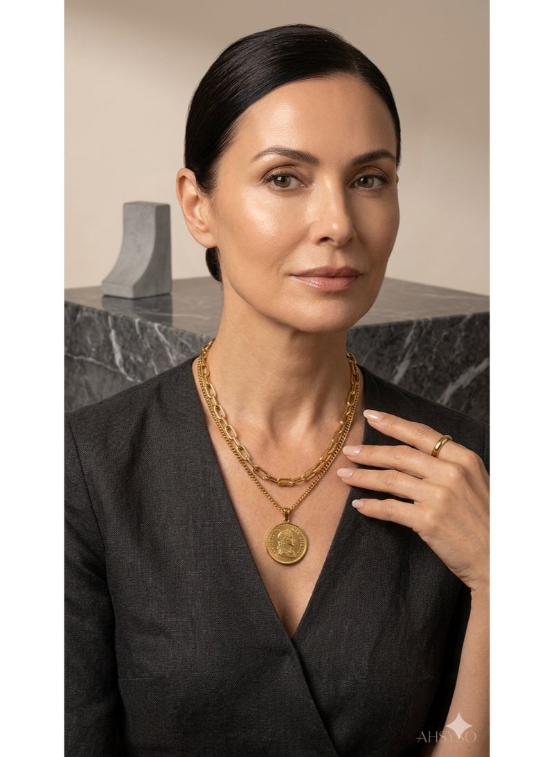 Premium Gold-Tone Layered Chain Bangle for Women with Vintage Coin Charm - Tarnish Free Stainless Steel - Image 1
