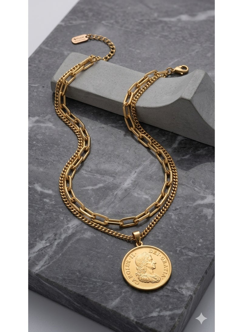 Premium Gold-Tone Layered Chain Bangle for Women with Vintage Coin Charm - Tarnish Free Stainless Steel - Image 2