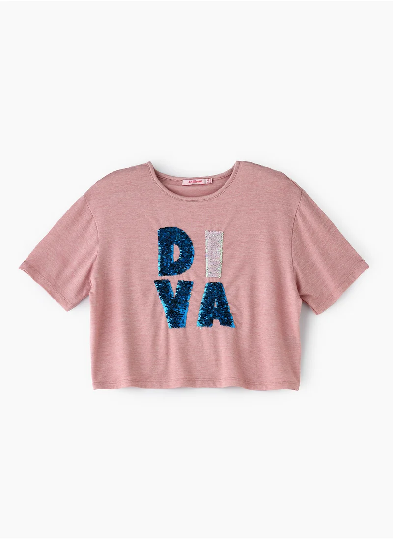 جيلين Girls' Pink Crop Top with "Diva" Sequins
