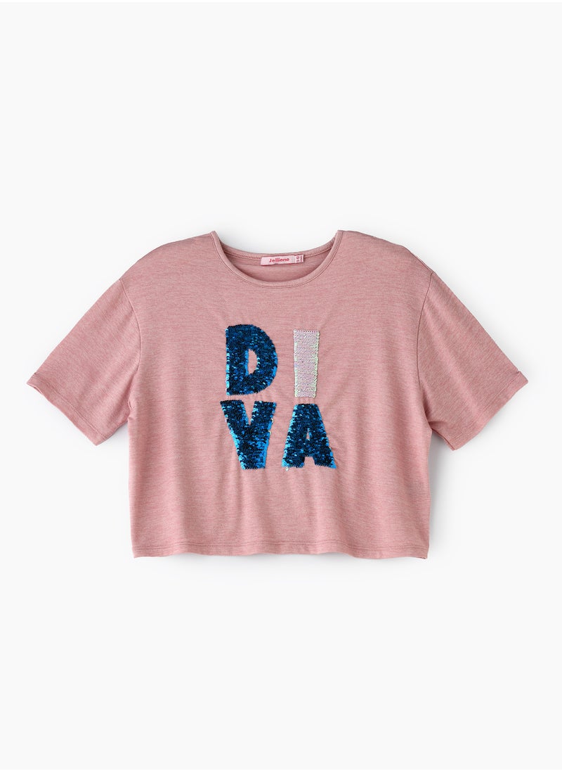 Jelliene Girls' Pink Crop Top with "Diva" Sequins  - Image 1