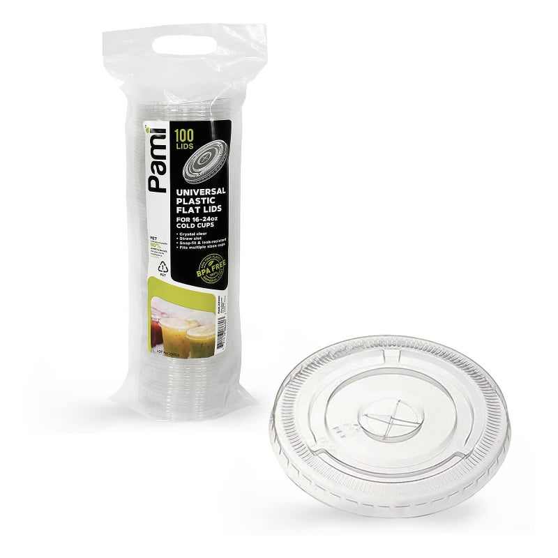 PAMI Clear Plastic Flat Lids with Straw Slot for 16 Oz Cups [Pack of 100] Fits 16, 20, 24 Oz Cups Disposable Leakproof Bpa- Pet Lids - Image 1