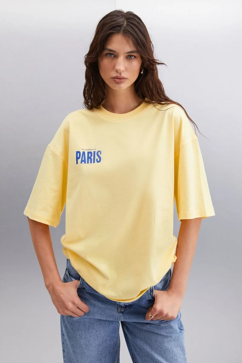 GRIMELANGE Gillian Women's Front and Back Print Detail Oversize & 100 Organic Cotton Yellow T-shirt