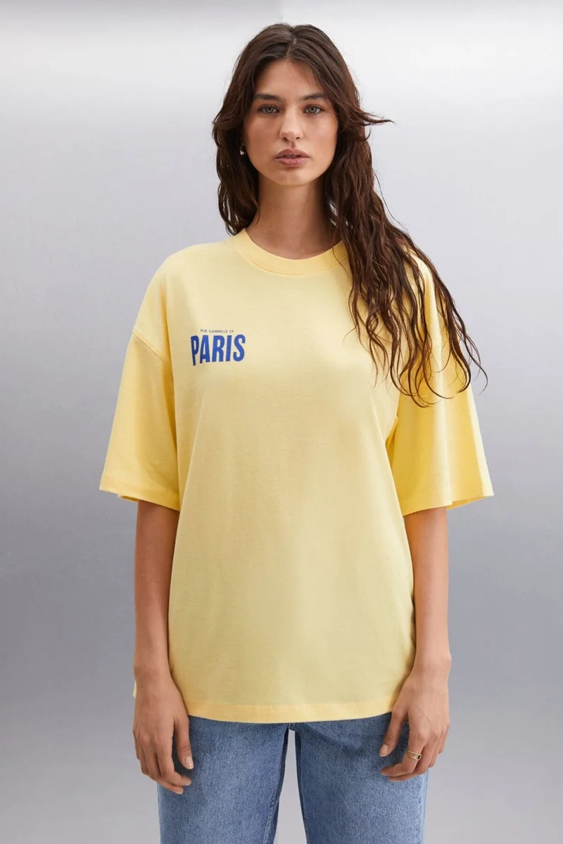 GRIMELANGE Gillian Women's Front and Back Print Detail Oversize & 100 Organic Cotton Yellow T-shirt