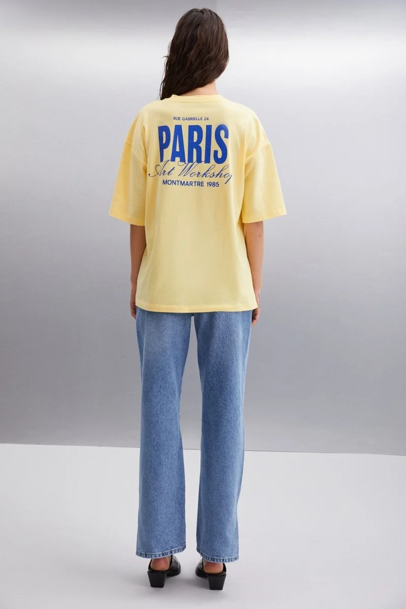 GRIMELANGE Gillian Women's Front and Back Print Detail Oversize & 100 Organic Cotton Yellow T-shirt