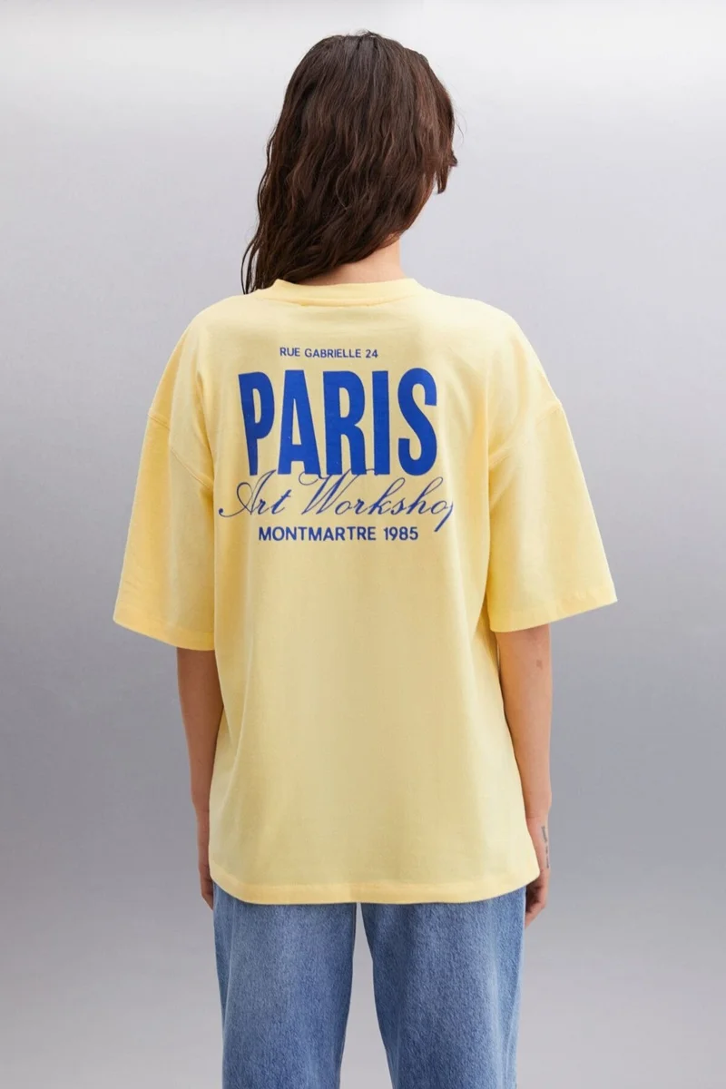 GRIMELANGE Gillian Women's Front and Back Print Detail Oversize & 100 Organic Cotton Yellow T-shirt