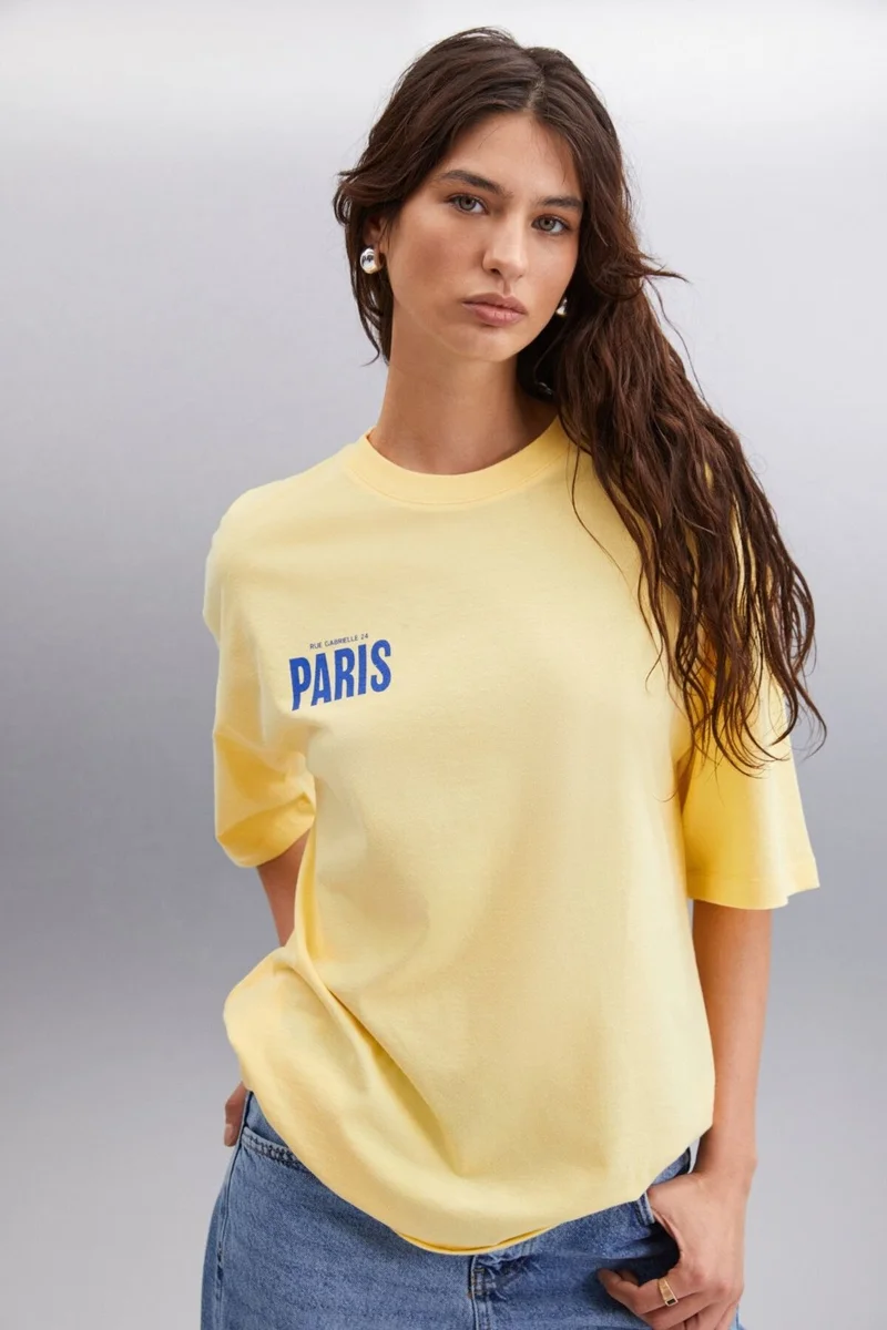GRIMELANGE Gillian Women's Front and Back Print Detail Oversize & 100 Organic Cotton Yellow T-shirt