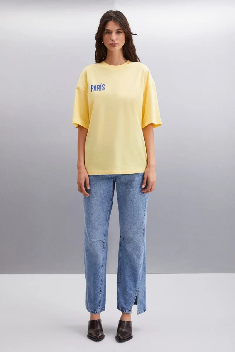 GRIMELANGE Gillian Women's Front and Back Print Detail Oversize & 100 Organic Cotton Yellow T-shirt