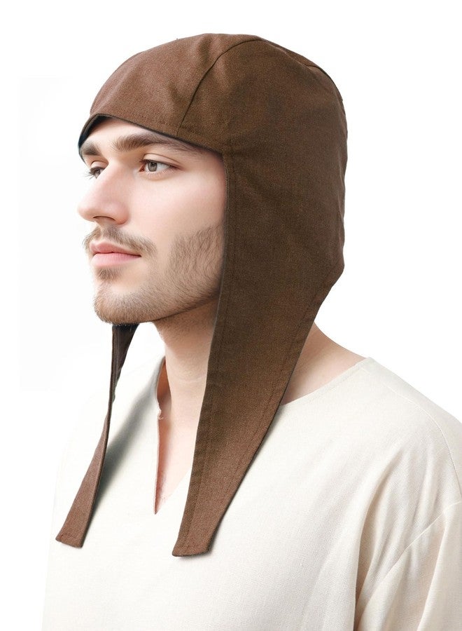 PROCOS Medieval Coif Cap, Linen Hats Bonnet with Ear Flaps Victorian Cosplay Accessory (Brown) - Image 4