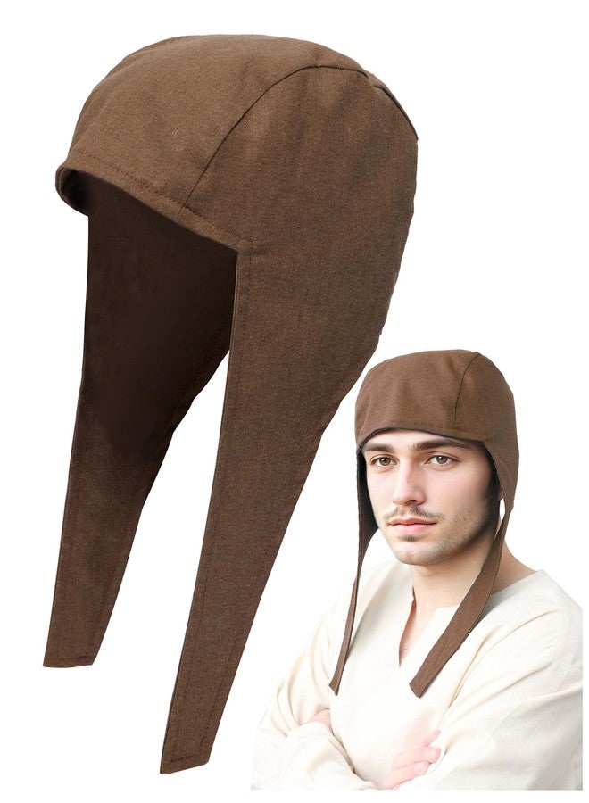 PROCOS Medieval Coif Cap, Linen Hats Bonnet with Ear Flaps Victorian Cosplay Accessory (Brown) - Image 1