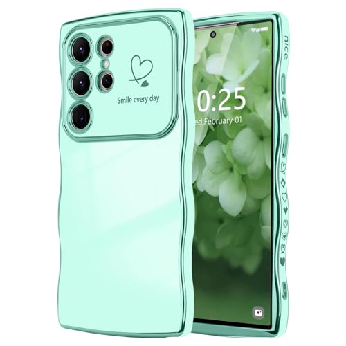 LCHULLE for Samsung Galaxy S24 Ultra Case for Women Girls Cute Wave Frame Curly Shape with Love Heart Camera Protection Cover Luxury Plating Shockproof Phone Case for Galaxy S24 Ultra 5G Mint Green - Image 1