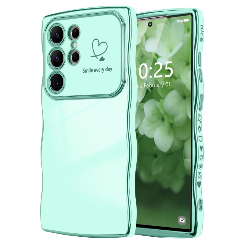 LCHULLE for Samsung Galaxy S24 Ultra Case for Women Girls Cute Wave Frame Curly Shape with Love Heart Camera Protection Cover Luxury Plating Shockproof Phone Case for Galaxy S24 Ultra 5G Mint Green - Image 3