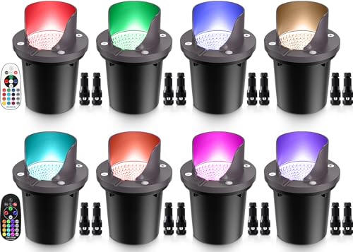SUNVIE RGBW Low Voltage Landscape Lighting Color Changing 12W Waterproof Well Lights Landscape LED In Ground 12-24V Dimmable Paver Lights with Connectors for Pathway Garden Yard Fence Deck, 8 Pack - Image 1