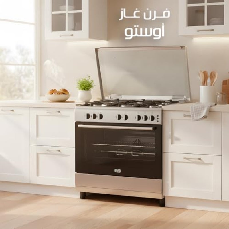 فرن غاز تركي للاستخدام في المطبخ، استانلس ستيل، اسود، مقاس 60×90 سم مزود بـ 5 شعلات، بناء حديد ثقيل، مروحة تبريد سطحية، مروحة توزيع الحرارة، وزجاج عاكس للحرارة - Image 4